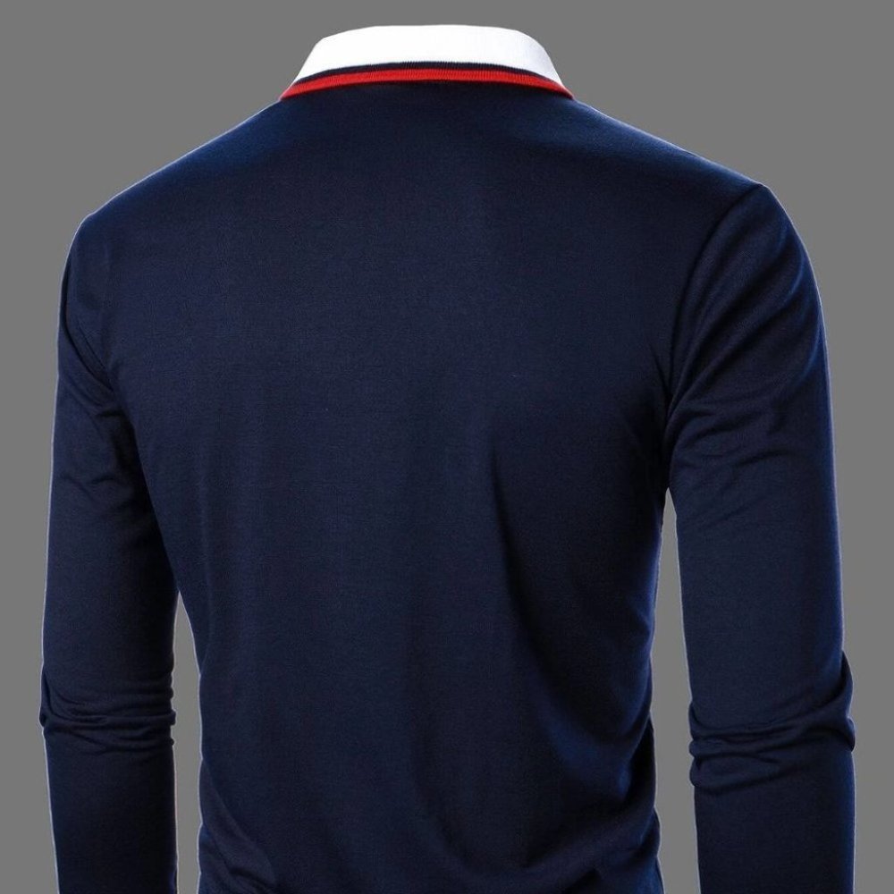 Casual Navy Blue Trim Men's Polo Shirt w/Red and White Stripes - Picture 3 of 9